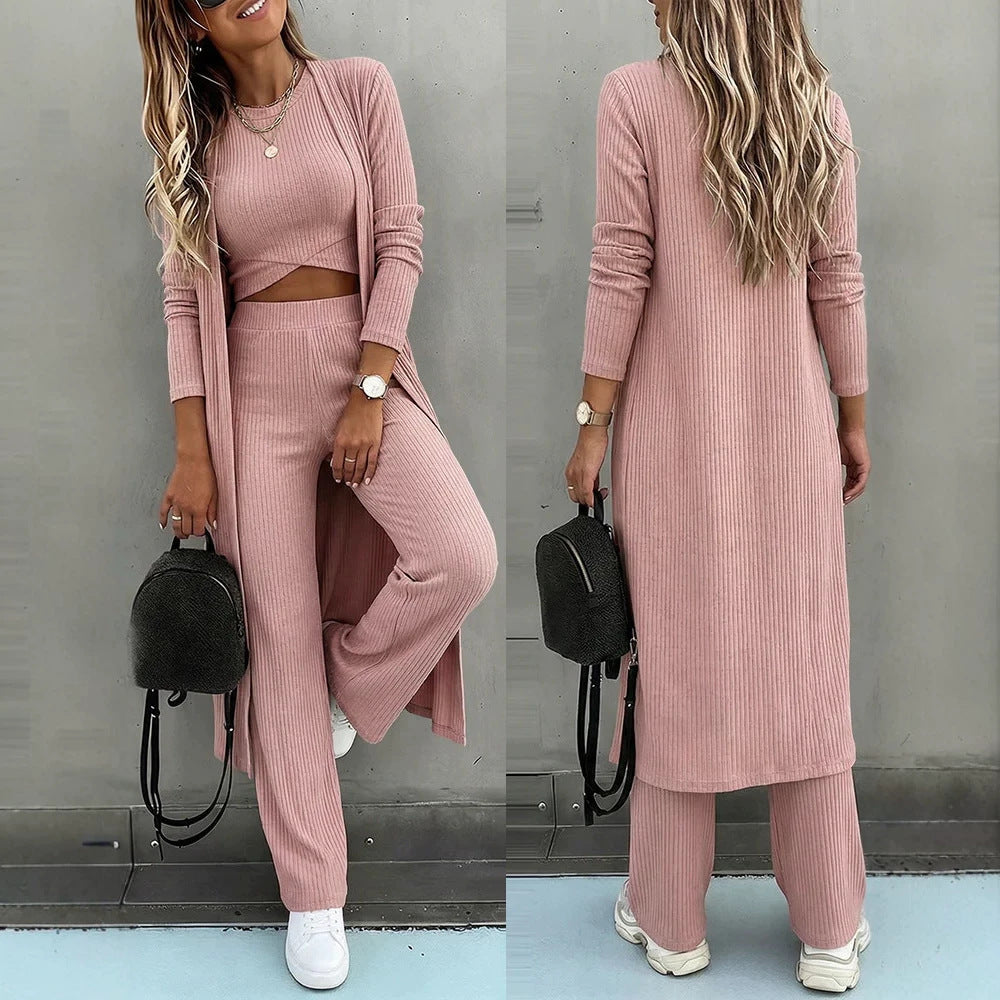 Damen Dreiteiliges Rippstrick-Loungewear-Set mit Longcardigan, bauchfreiem Top und weiter Palazzohose Shop Nory