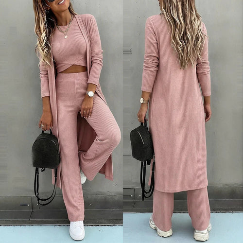 Damen Dreiteiliges Rippstrick-Loungewear-Set mit Longcardigan, bauchfreiem Top und weiter Palazzohose Shop Nory