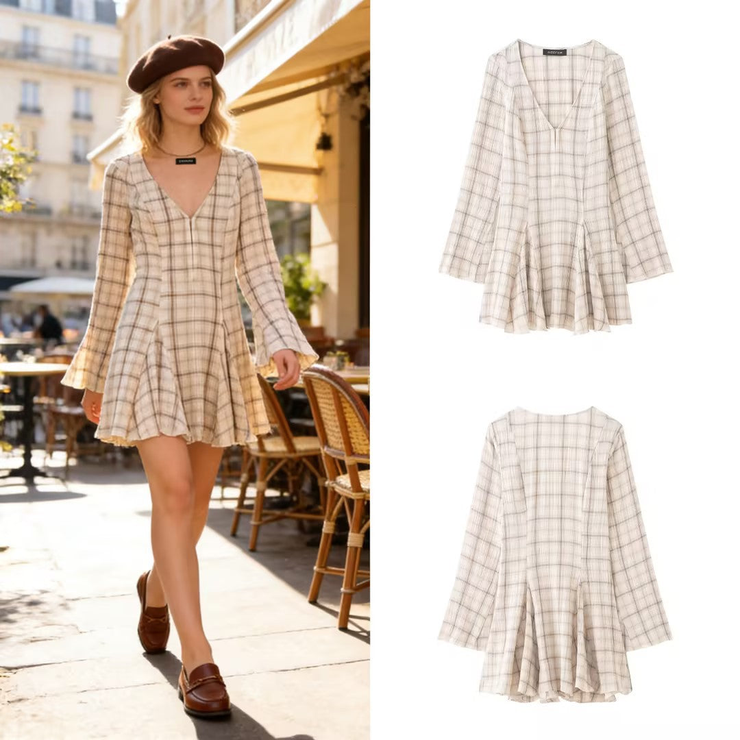 Damen Leichtes V‑Ausschnitt Midikleid mit Karomuster, tailliertem Godet‑Rock und Crinkle‑Struktur Shop Nory