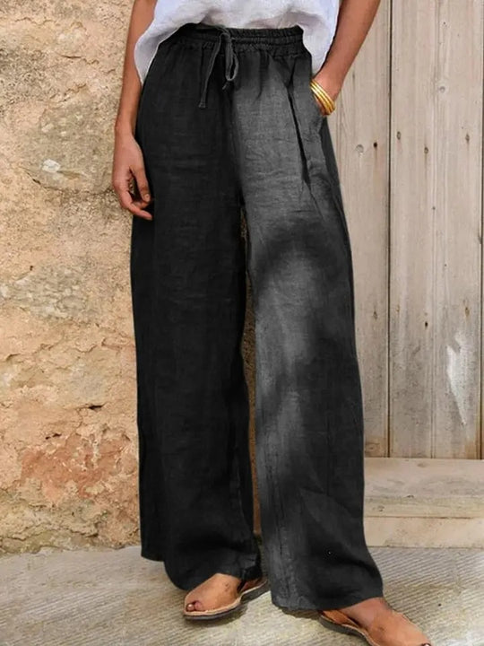 Damen Hochgeschnittene Leinenpalazzo-Hose mit Kordelzug und weitem Bein Shop Nory