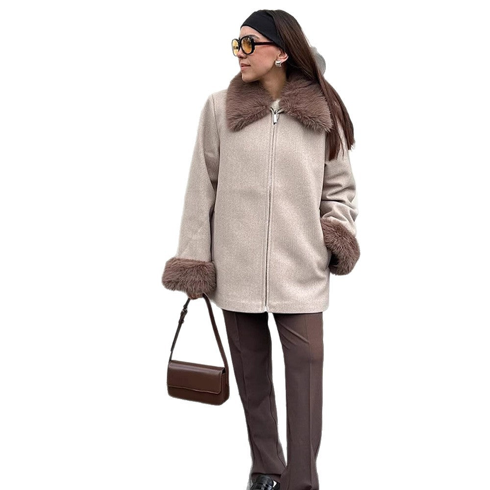 Damen Eleganter Kurzmantel aus Wollmix mit abnehmbarem Webpelzkragen und verdecktem Zweiwege-Reißverschluss Shop Nory