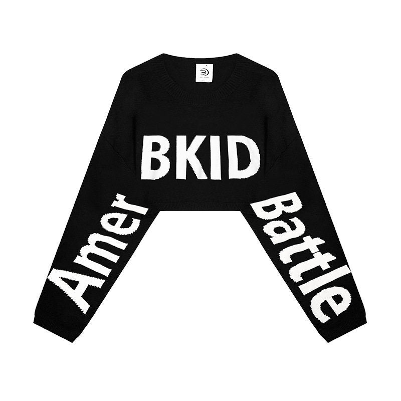 Damen Cropped Strickpullover mit weiten Raglanärmeln und Statement-Schriftzug Shop Nory