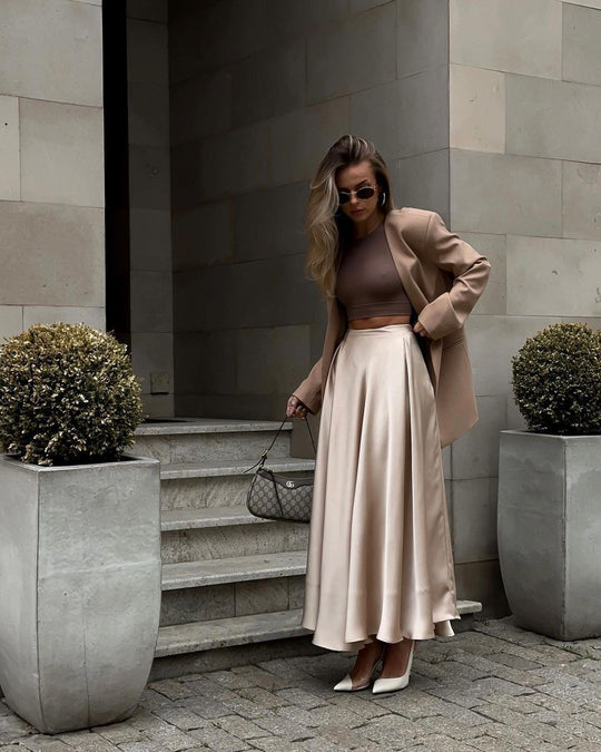 Damen Fließender Satin-Midirock mit hohem Bund und Tellerfalten Shop Nory