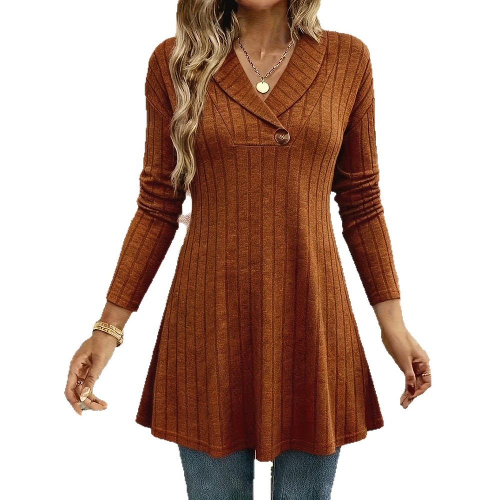 Damen Gestricktes A‑Linien‑Tunika‑Kleid mit Schalkragen und Zierknopf Shop Nory