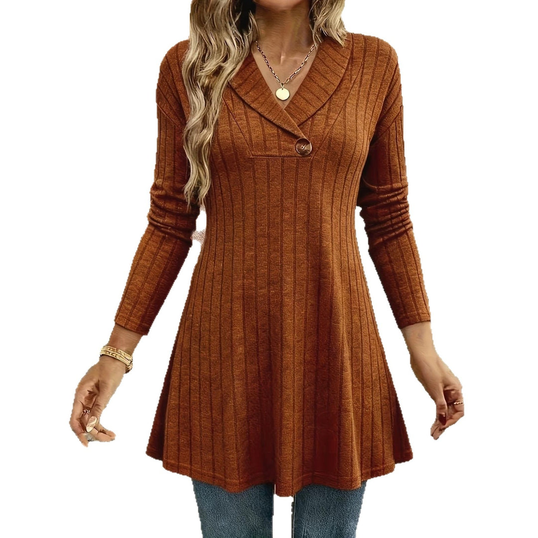 Damen Gestricktes A‑Linien‑Tunika‑Kleid mit Schalkragen und Zierknopf Shop Nory