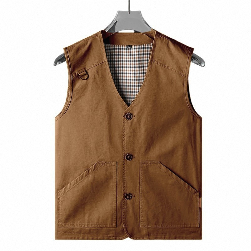 Herren Ärmellose Utility‑Weste mit V‑Ausschnitt, Baumwoll‑Canvas, Knopfleiste und großen Fronttaschen Shop Nory