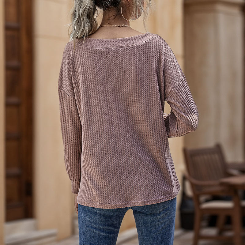 Damen Waffelstrick-Longsleeve mit V-Ausschnitt und überschnittener Schulter Shop Nory