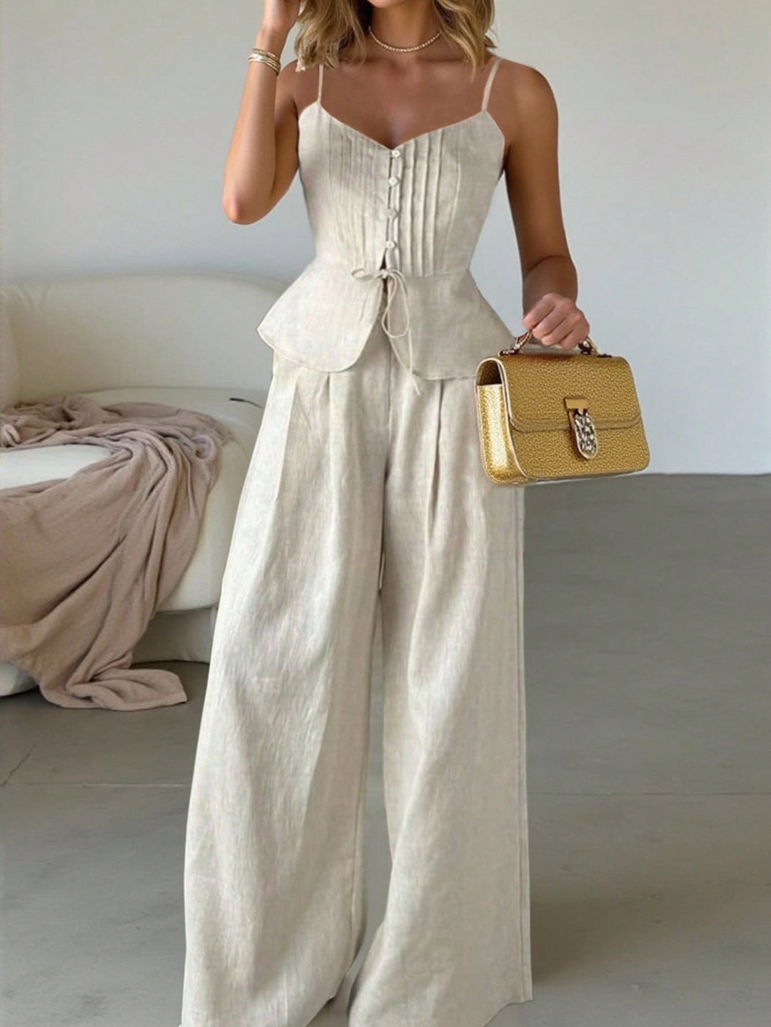 Damen Zweiteiliges Leinen-Set mit korsettartigem Taillentop, Schößchen und weiter Palazzohose Shop Nory