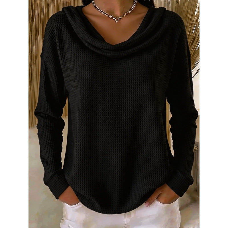 Damen Lässiger Waffelstrick-Pullover mit weitem Wasserfallkragen und gerundetem Saum Shop Nory