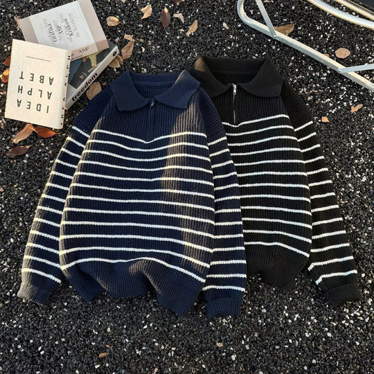 Unisex Grobgestrickter Oversize-Pullover mit halbem Reißverschluss und Polokragen Shop Nory