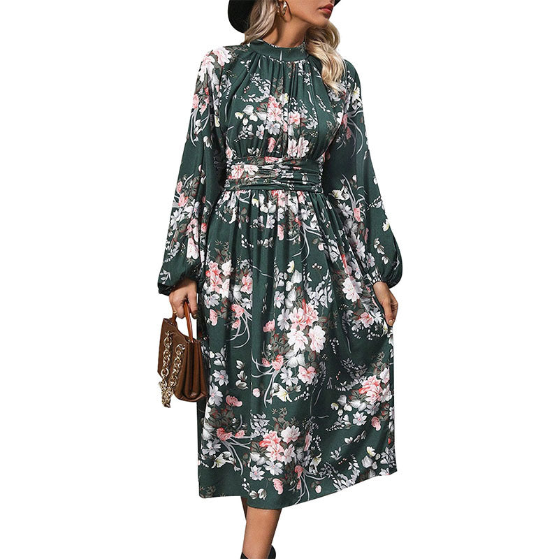 Damen Midikleid mit floralem Alloverprint, Stehkragen und Drapiertem Taillengürtel Shop Nory