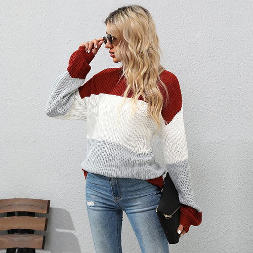 Damen Modischer Strickpullover mit hohem Kragen und Blockstreifen Shop Nory