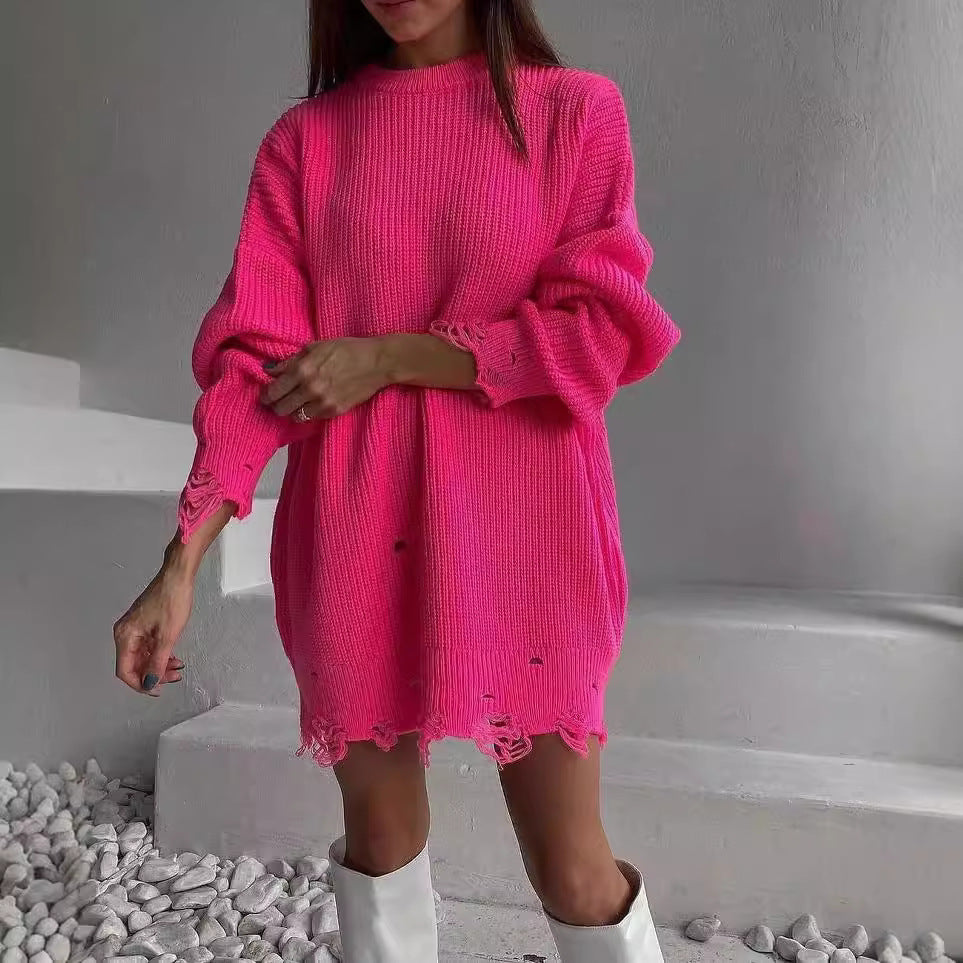 Damen Oversized Strickkleid mit Destroyed-Saum und Ballonärmeln Shop Nory