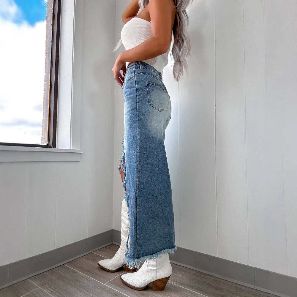 Damen Jeansrock mit fransigem Saum und hohem Schlitz