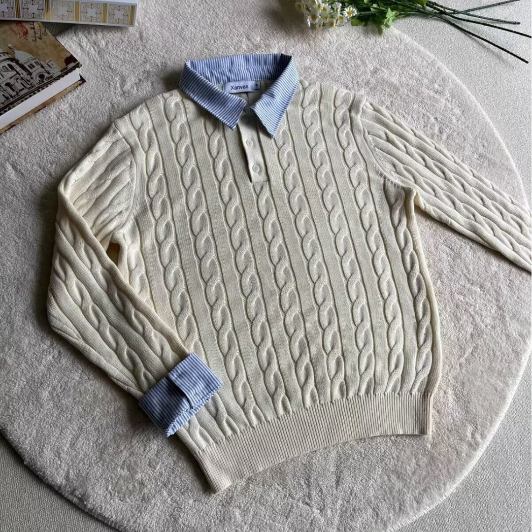 Damen Modischer Grobstrickpullover mit attraktivem Hemdkragen Shop Nory