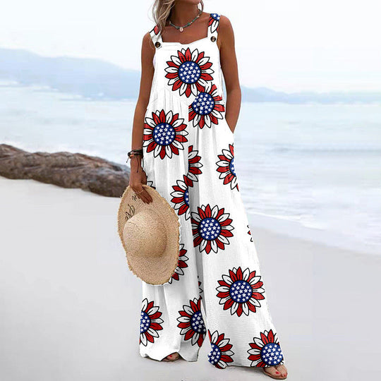 Damen Weit geschnittene Latzhose mit floralem Muster und praktischen Taschen Shopnory