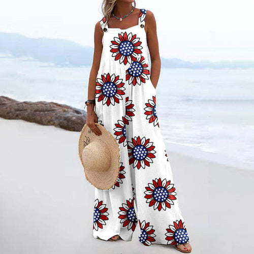 Damen Weit geschnittene Latzhose mit floralem Muster und praktischen Taschen Shopnory
