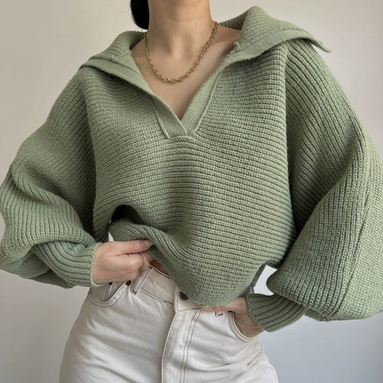 Damen kurzes geripptes Strickpullover mit weitem Matrosenkragen und Ballonärmeln Shop Nory