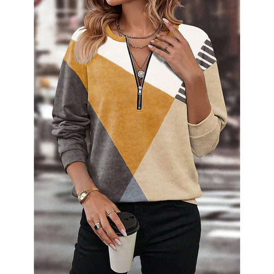 Damen Freizeitsweatshirt mit Halbzipp und geometrischem Farbkombinationsmuster Shop Nory