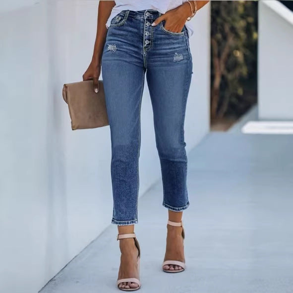 Damen Hochtaillierte Slim-Jeans mit sichtbarer Knopfleiste und knöchellanger Passform Shop Nory