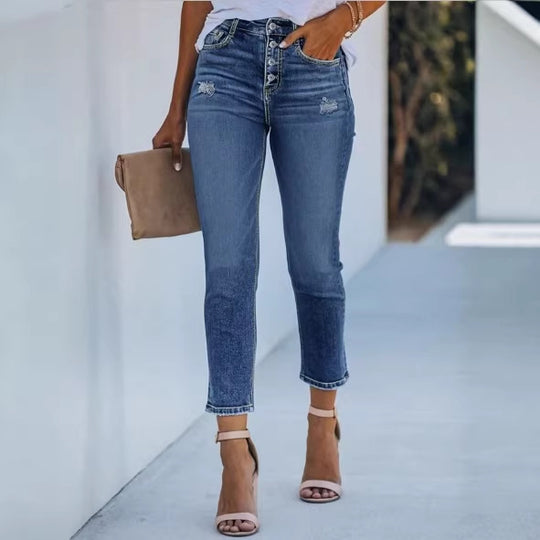 Damen Hochtaillierte Slim-Jeans mit sichtbarer Knopfleiste und knöchellanger Passform Shop Nory