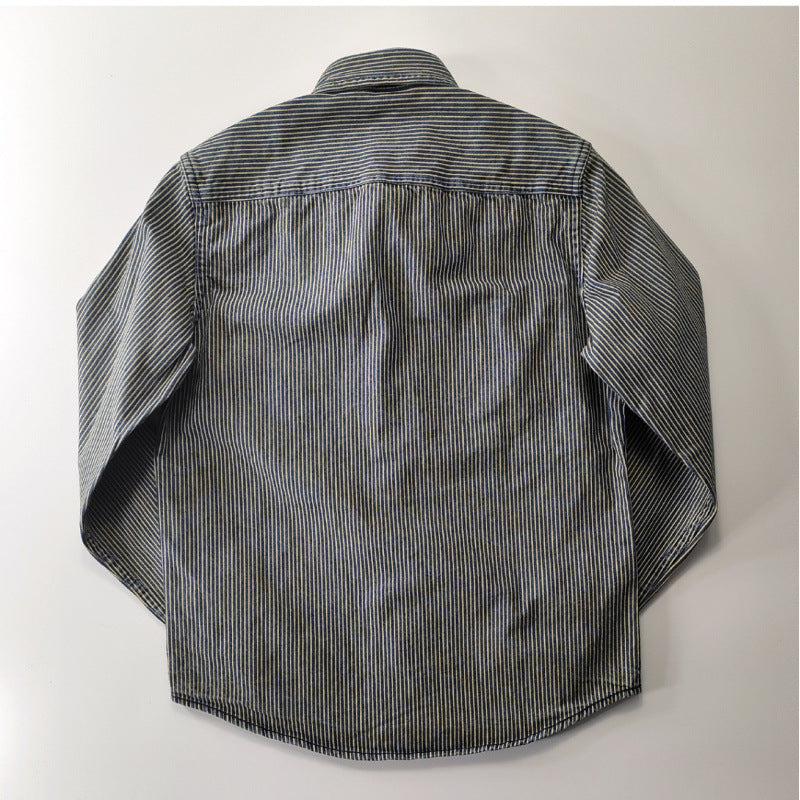 Herren Leichte gestreifte Denim-Worker-Hemdjacke mit aufgesetzten Pattentaschen Shop Nory