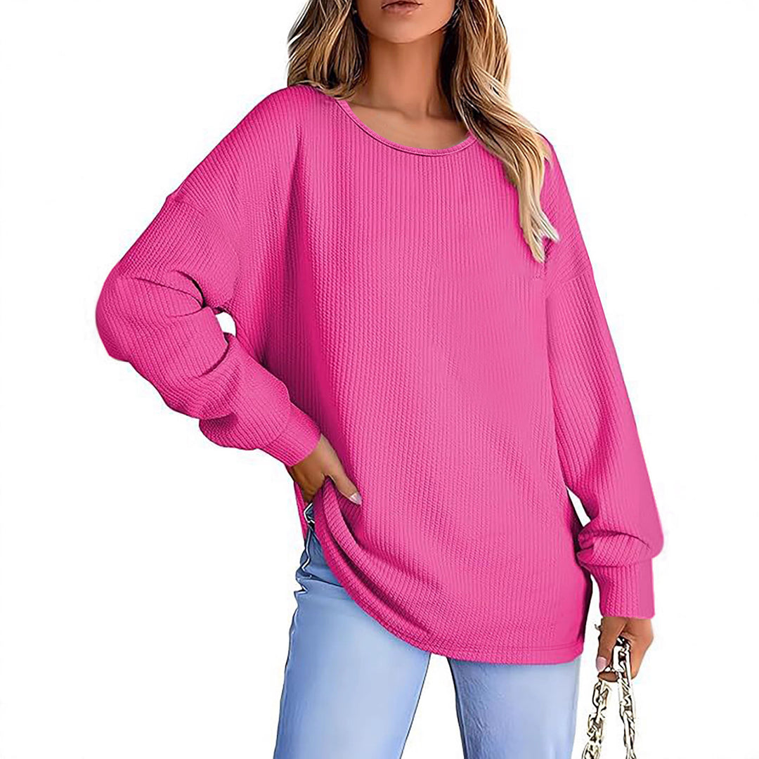 Damen Oversize Waffelstrickpullover mit Rundhals, Ballonärmeln und verlängertem Saum Shop Nory