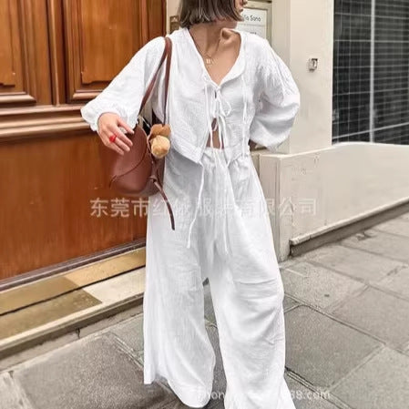 Damen Leichtes Crinkle-Zweiteiler mit Bindetop und weitem Palazzohosen-Schnitt Shop Nory