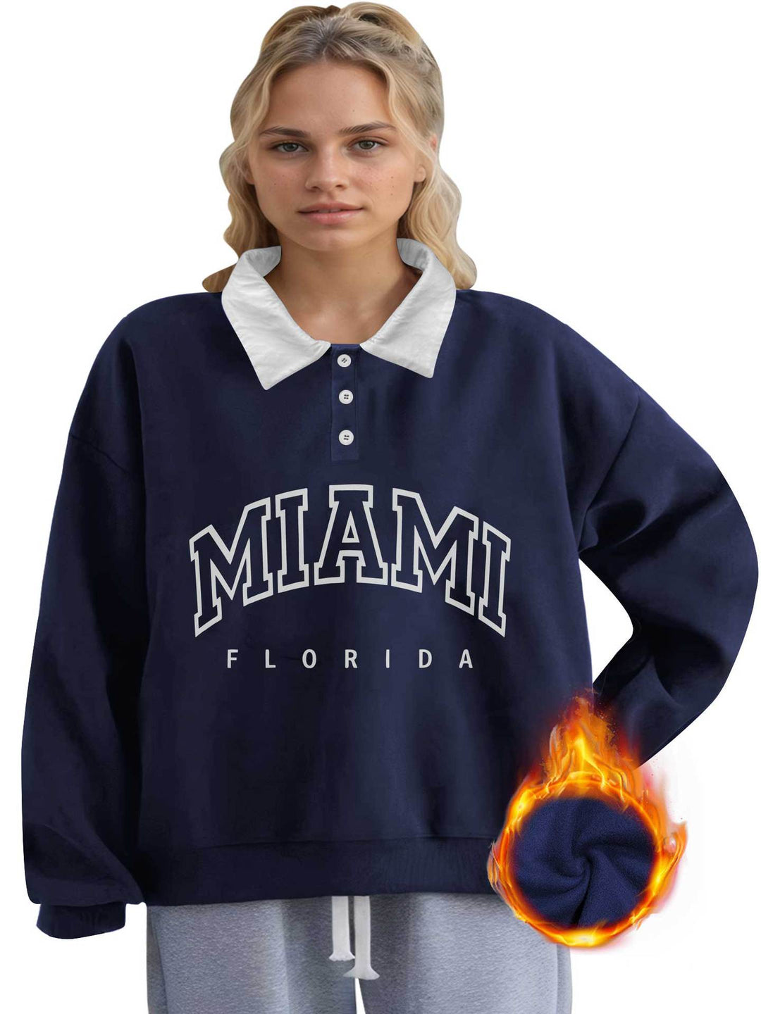 Damen Oversized College-Sweatshirt mit Polokragen und wärmender Fleece-Innenseite Shopy Nory