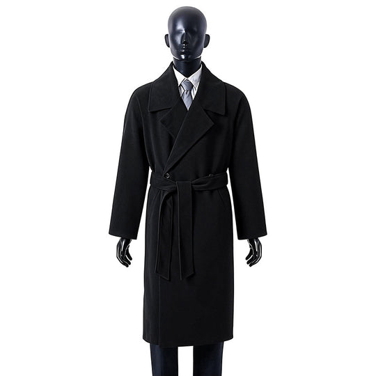 Herren Langer Wollmantel mit Bindegürtel und breitem Revers Shop Nory