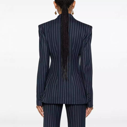 Damen Nadelstreifen Zweireihiger Blazer mit High‑Waist Schlaghose Shop Nory