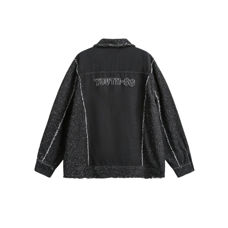 Unisex Oversized-Jeansblouson mit melierter Bouclé-Ärmelpartie und ausgefranster Kante Shop Nory