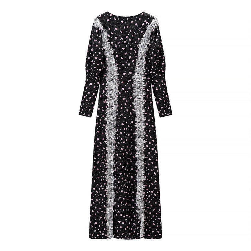 Damen Langärmeliges Maxikleid mit Spitzenborten, tiefem V‑Ausschnitt und floralem Alloverprint Shop Nory