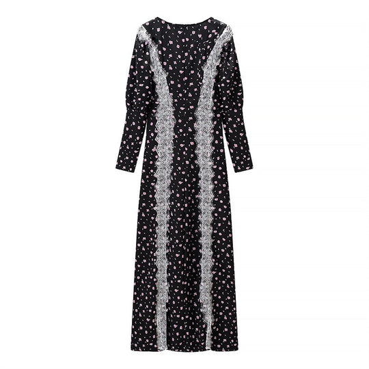 Damen Langärmeliges Maxikleid mit Spitzenborten, tiefem V‑Ausschnitt und floralem Alloverprint Shop Nory