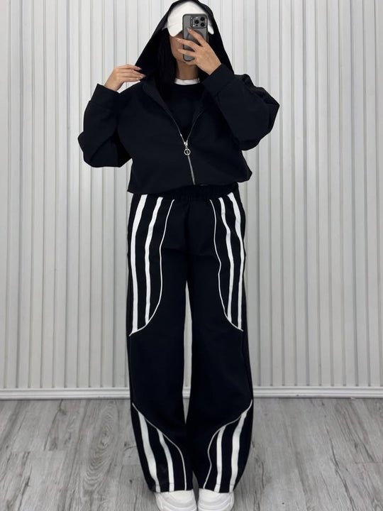 Damen Oversize Kapuzen-Sweatjacke mit Reißverschluss und weitem Trackpant-Set Shop Nory