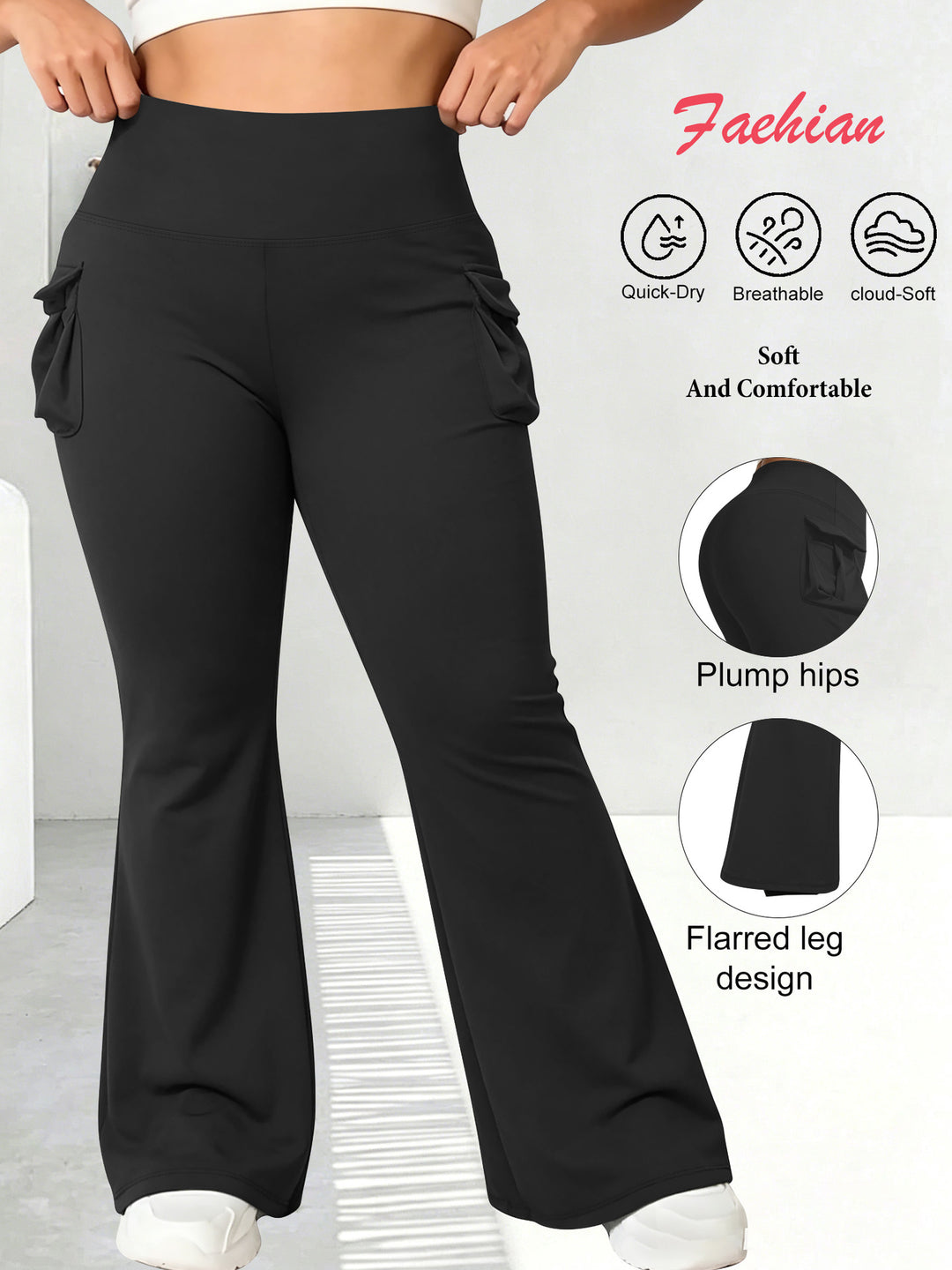Damen High-Waist Flared-Leggings mit seitlichen Rüschen- und Handytaschen Shopy Nory