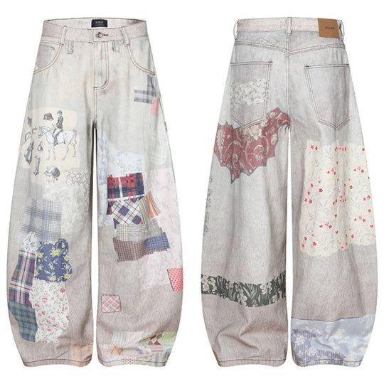 Damen Weite High‑Waist Culotte-Jeans mit Patchwork-Print und Balloon-Silhouette Shop Nory