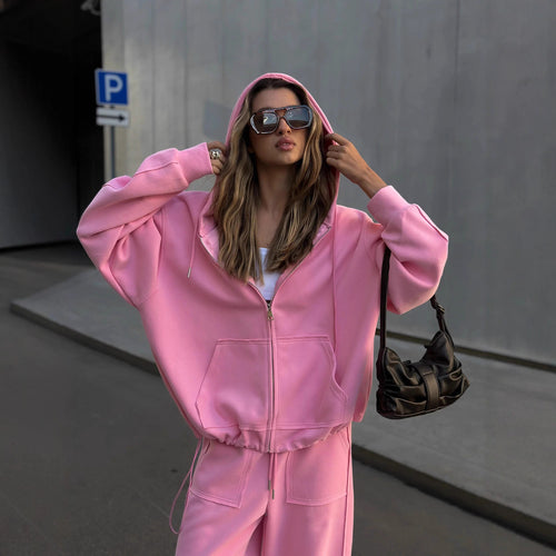 Damen oversized Kapuzenjacke mit Reißverschluss und lässiger Cargo-Loungehose Shop Nory