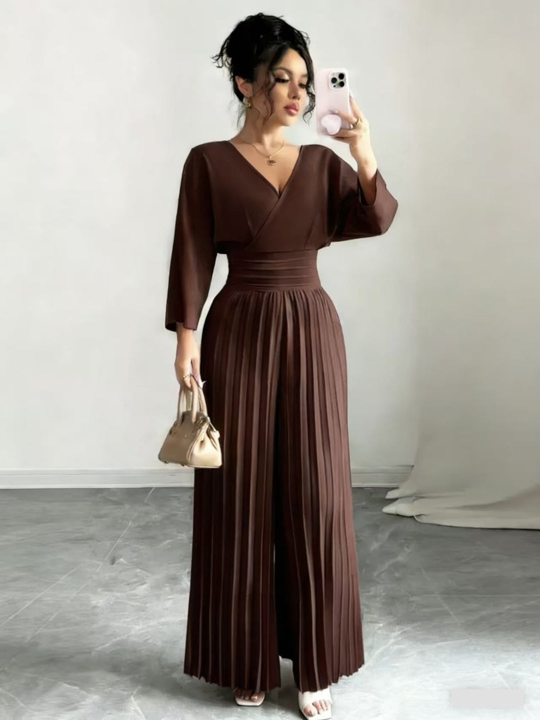 Damen Maxikleid mit Wickeloberteil, Tailliertem Rippbund und Plisseerock Shop Nory