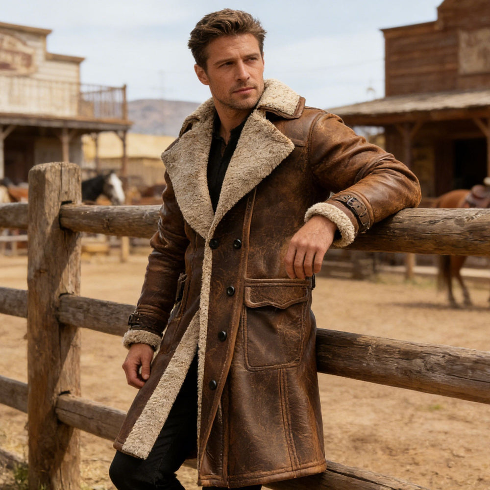 Herren nan langer vintage Biker-Ledermantel mit durchgehendem Sherpa-Futter, Pattentaschen und verstellbaren Schnallenmanschetten Shop Nory