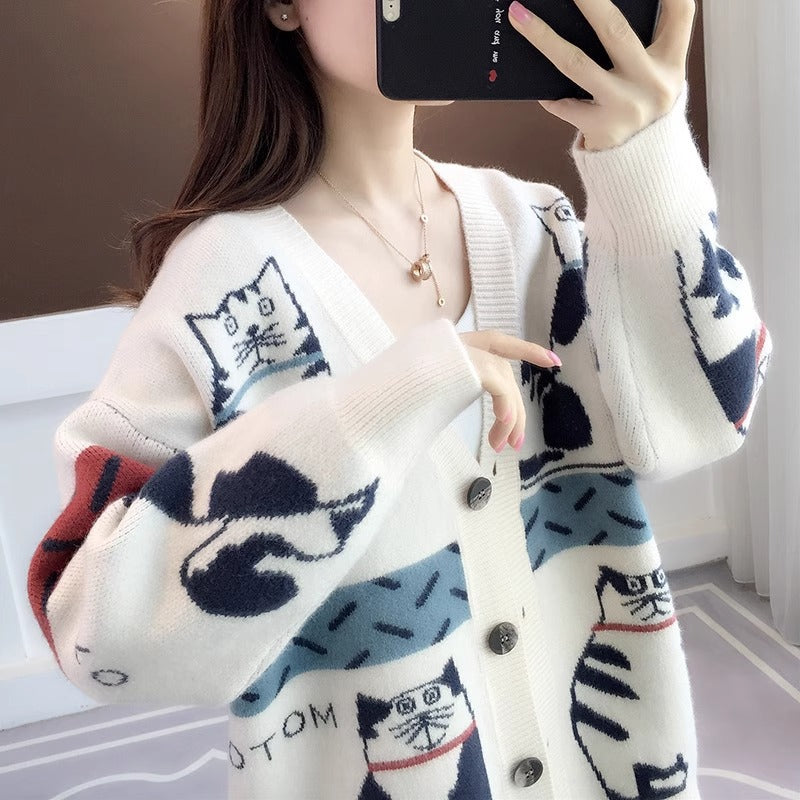 Damen Verspielte Cardigan mit Katzenmuster Shop Nory