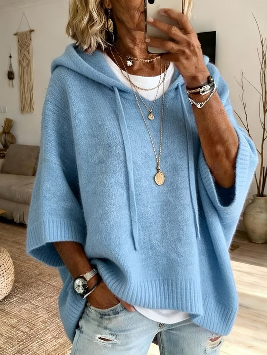 Damen Oversize Kapuzen‑Strickponcho mit halblangen Ärmeln und Blockstreifen Shop Nory