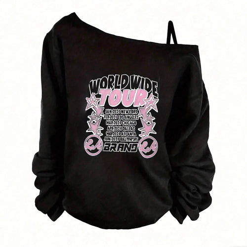 Damen nan asymmetrisches Off-Shoulder Sweatshirt mit Tour-Print und oversized Passform Shop Nory