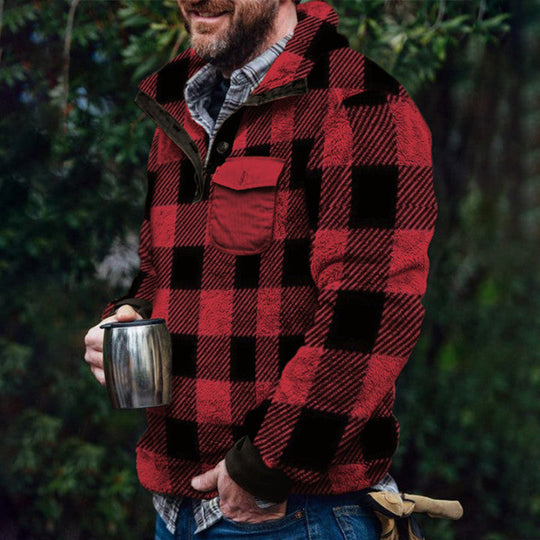 Herren Fleece-Pullover mit Karomuster und Hohem Kragen