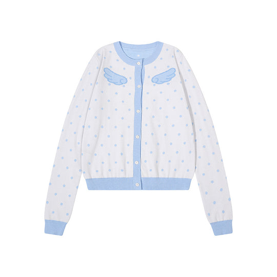 Damen Kurzgeschnittene Punkt-Strickjacke mit Engelsflügel-Motiv und Rippbündchen Shop Nory