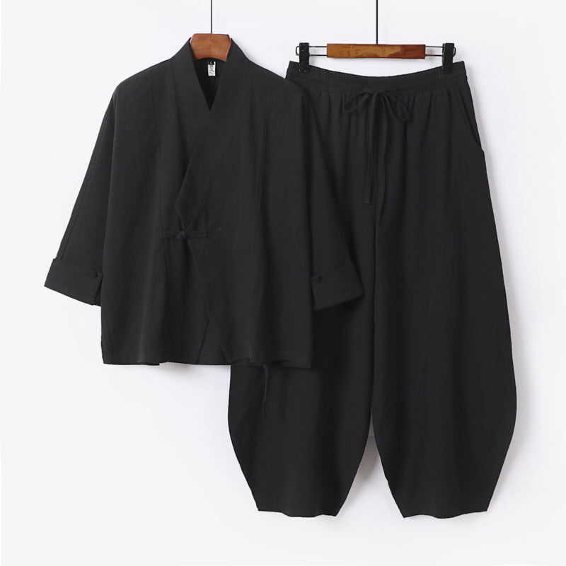 Herren Minimalistisches Kimono-Lounge-Set aus atmungsaktivem Baumwollmix mit ballonförmiger Bundhose Shop Nory