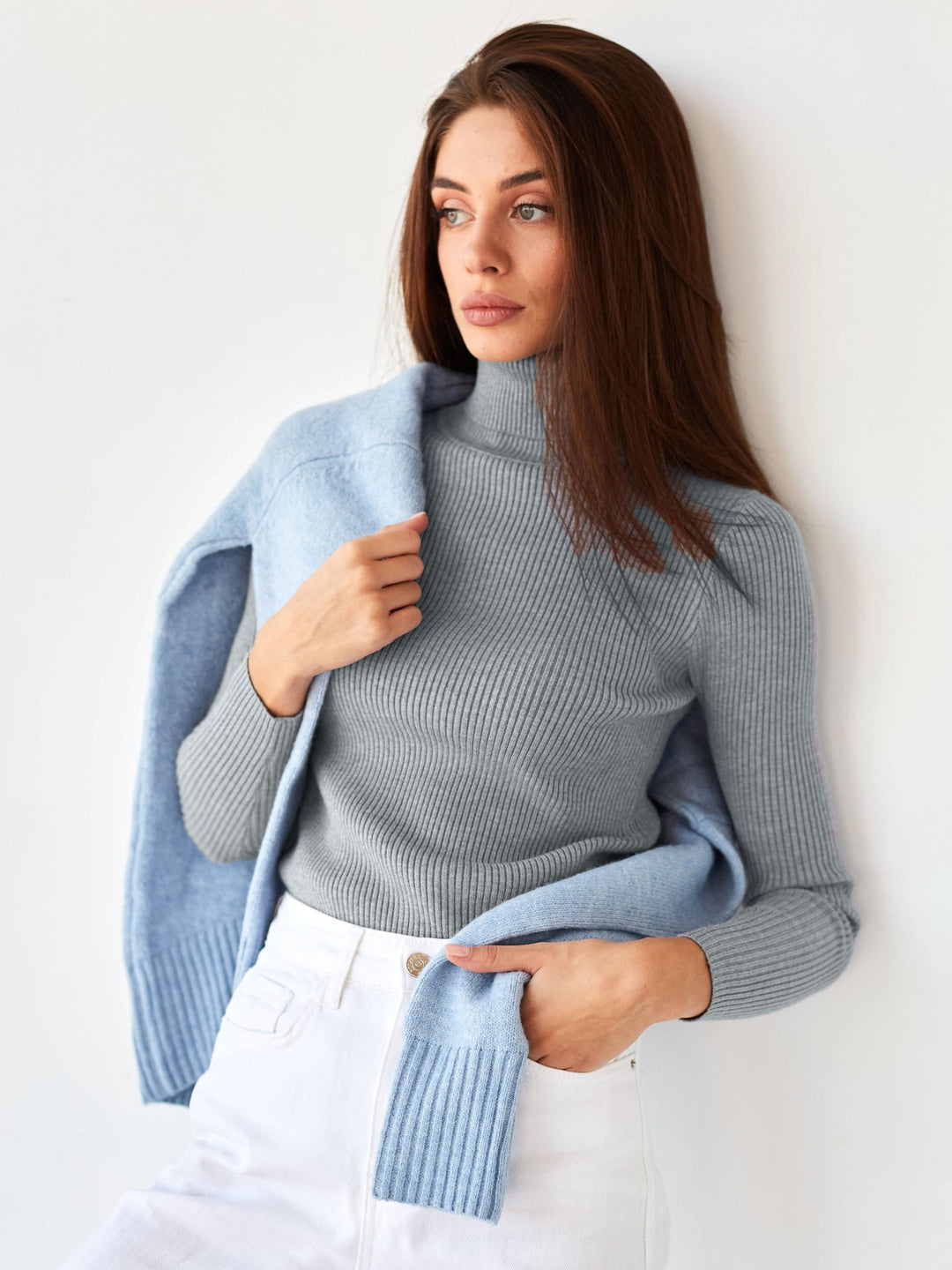 Damen Figurbetonter Rippstrick-Rollkragenpullover Shop Nory