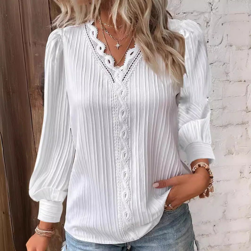 Damen Plissierte V‑Ausschnitt Bluse mit Spitzenbesatz und Ballonärmeln Shop Nory