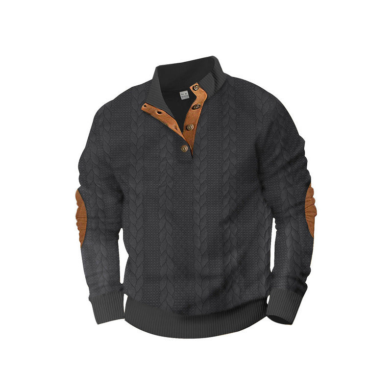 Herren Kabelstrick-Pullover mit Stehkragen, Knopfleiste & Ellbogenpatches Shop Nory