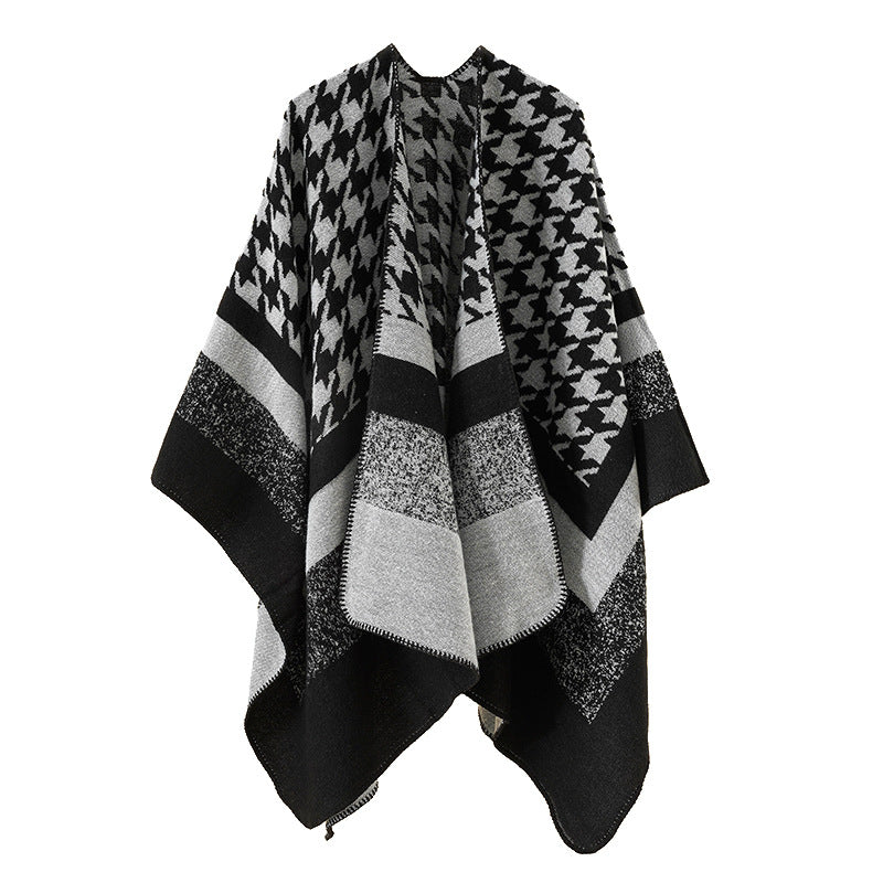 Damen Oversize‑Ruana‑Poncho aus Wollmix mit Hahnentritt- und Blockjacquard Shop Nory